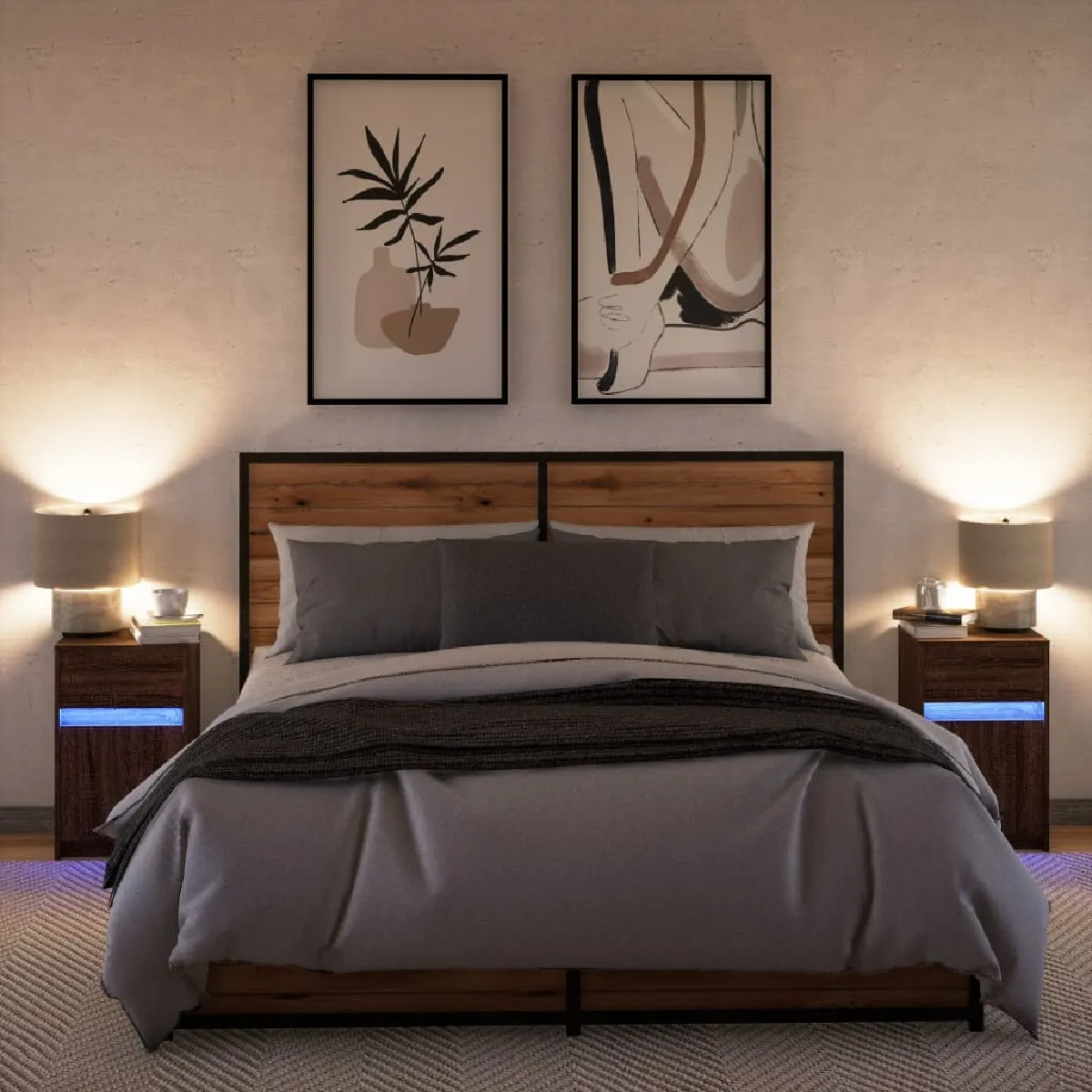 vidaXL Armoires de chevet avec LED - Chêne marron