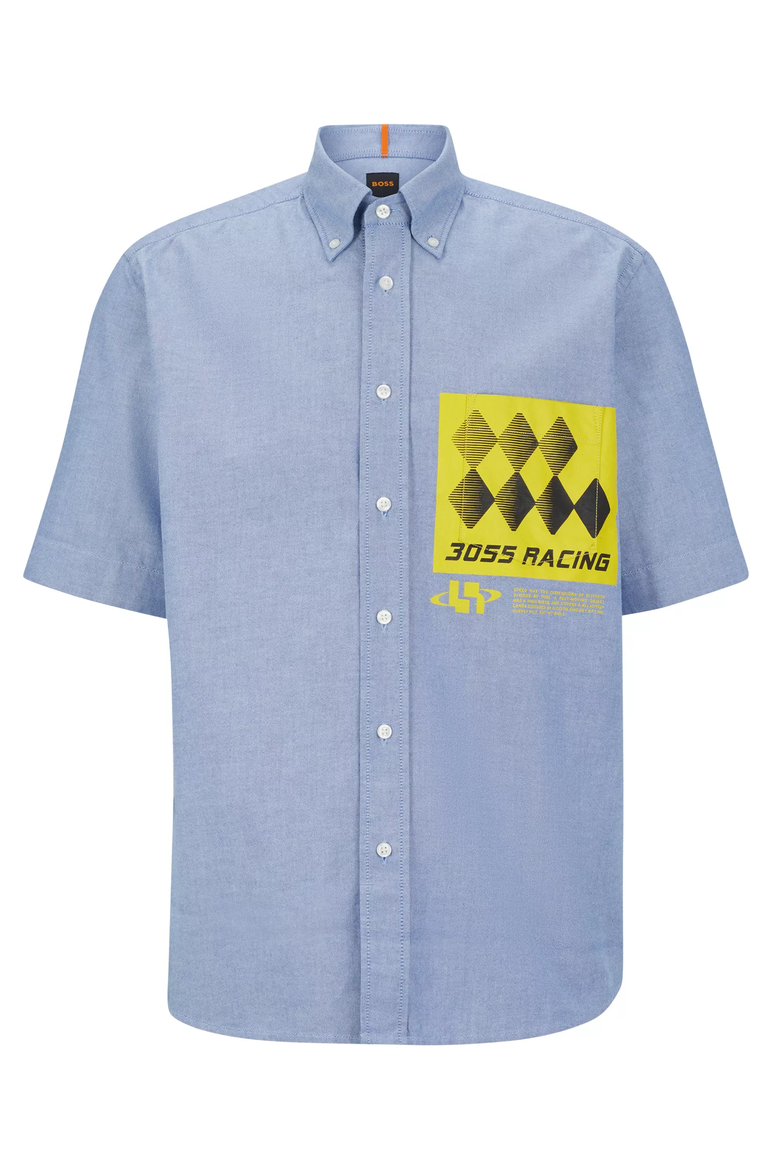 Camisa BOSS laranja de modelagem relaxada em algodão com detalhes inspirados em corridas.