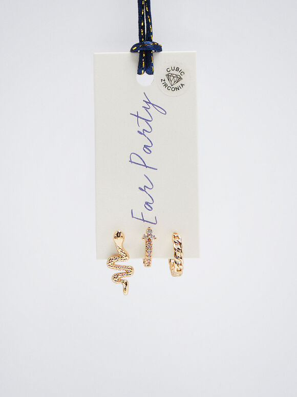 Conjunto de brincos de argola com design de cobra e zircônia cúbica - Multicor