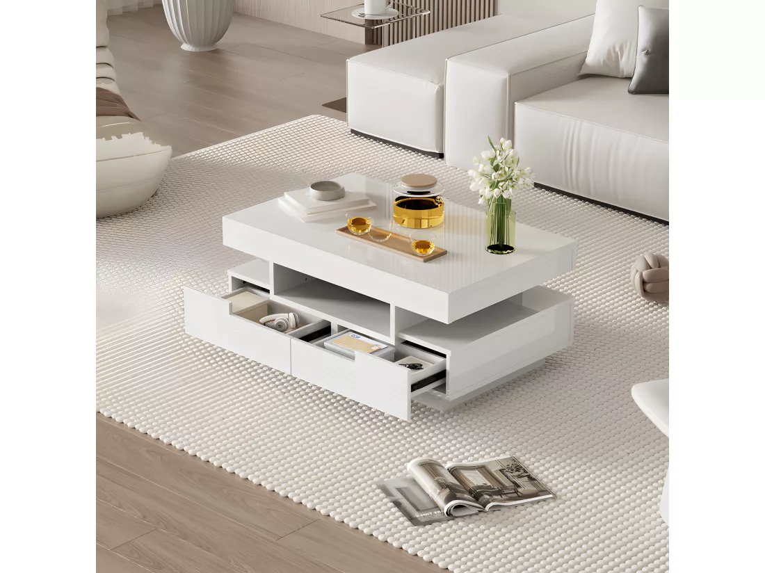 Table basse avec LED - finition brillante - 4 tiroirs avant et arrière - Blanc