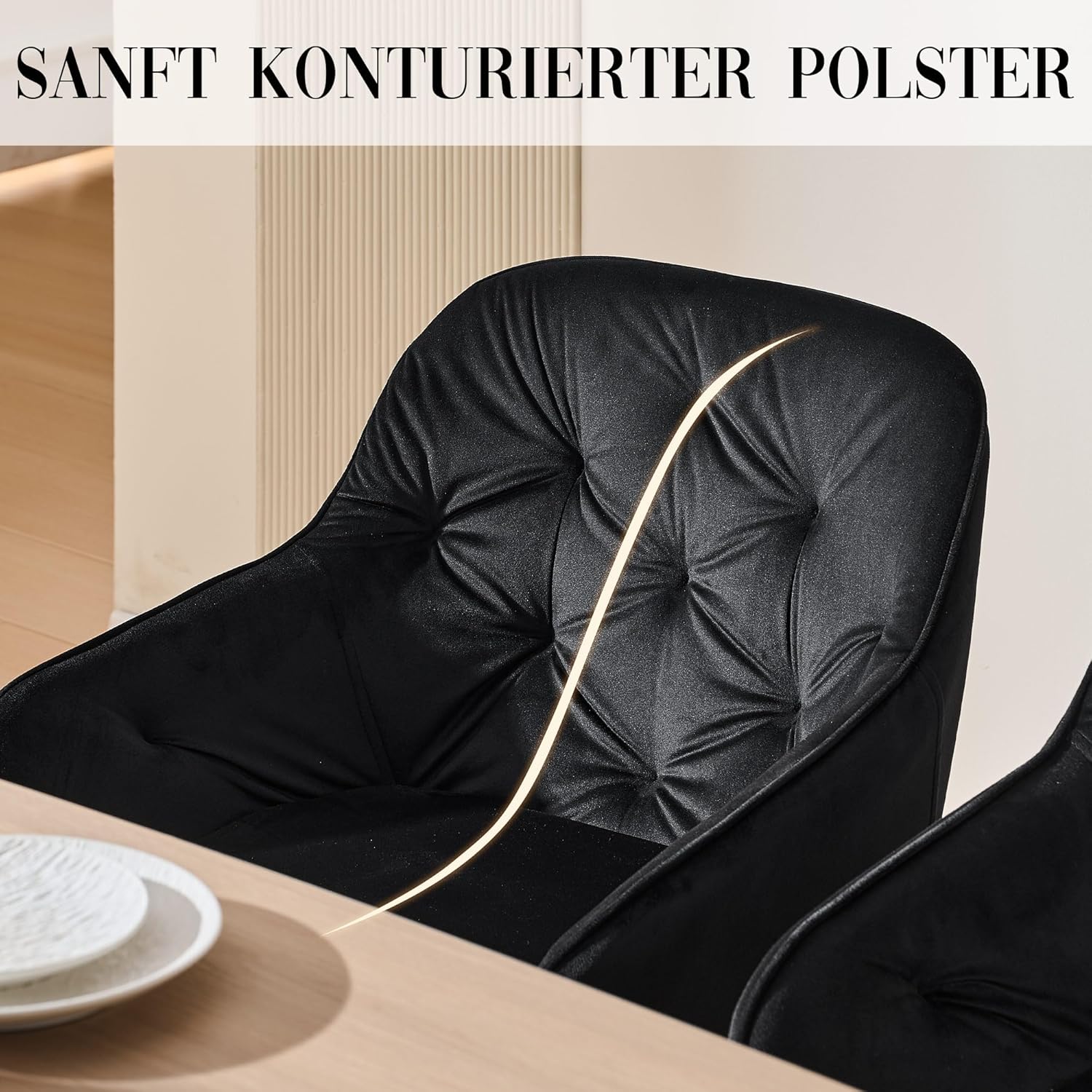 CLIPOP Samt Esszimmerstühle Drehbar 2er Set,Gepolstert Sessel Küchenstuhl mit Armlehne Freizeit Polsterstuhl Bequem Sitz Drehstuhl für Esszimmer Wohnzimmer Esszimmer, (1, Schwarz)