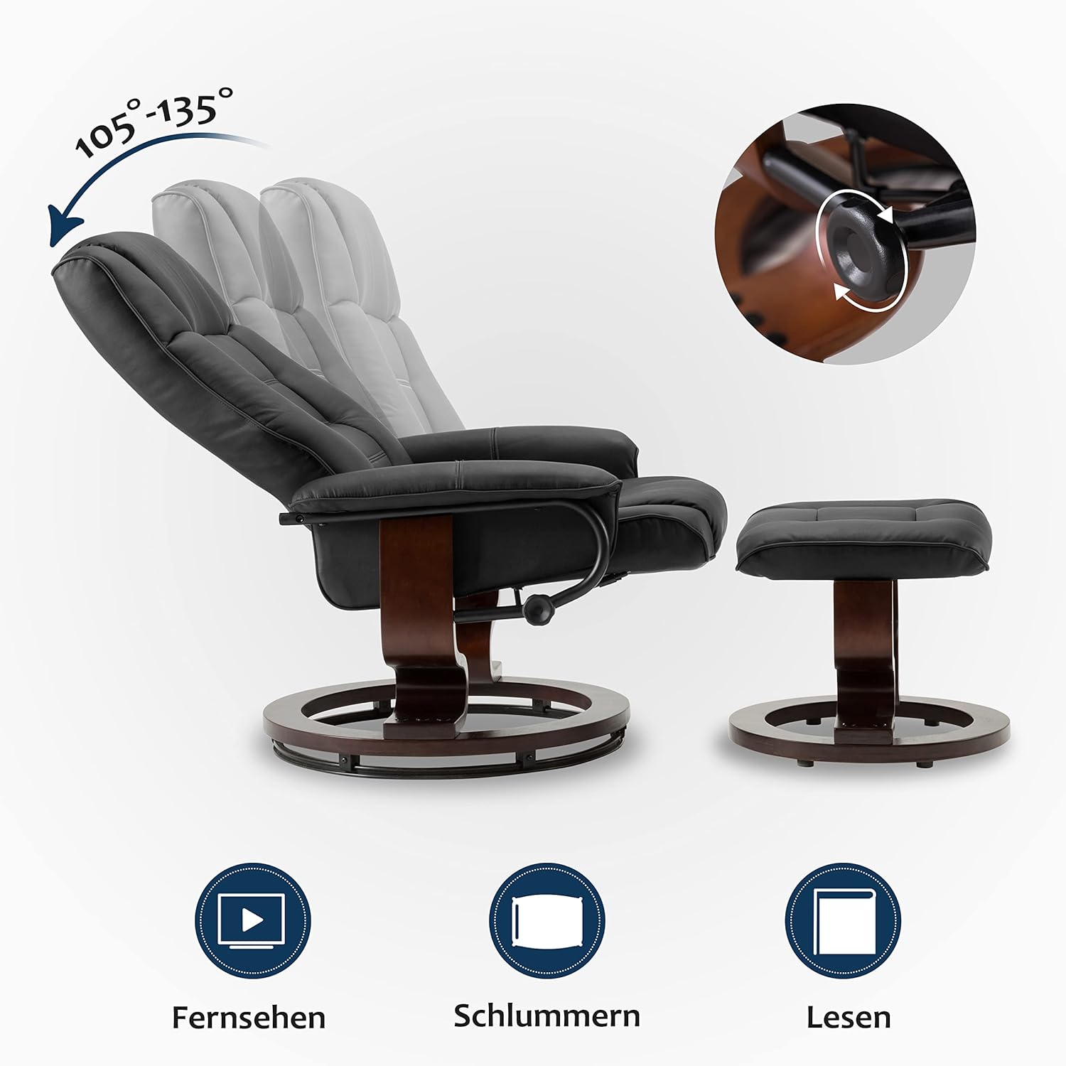 M MCombo M MComboRelaxsessel mit Hocker, 360°drehbarer Fernsehsessel mit Liegefunktion, bis 120 Kg belastbarer TV-Sessel, moderner Ruhesessel für Wohnzimmer, Kunstleder, 9019 (Schwarz-Kunstleder)