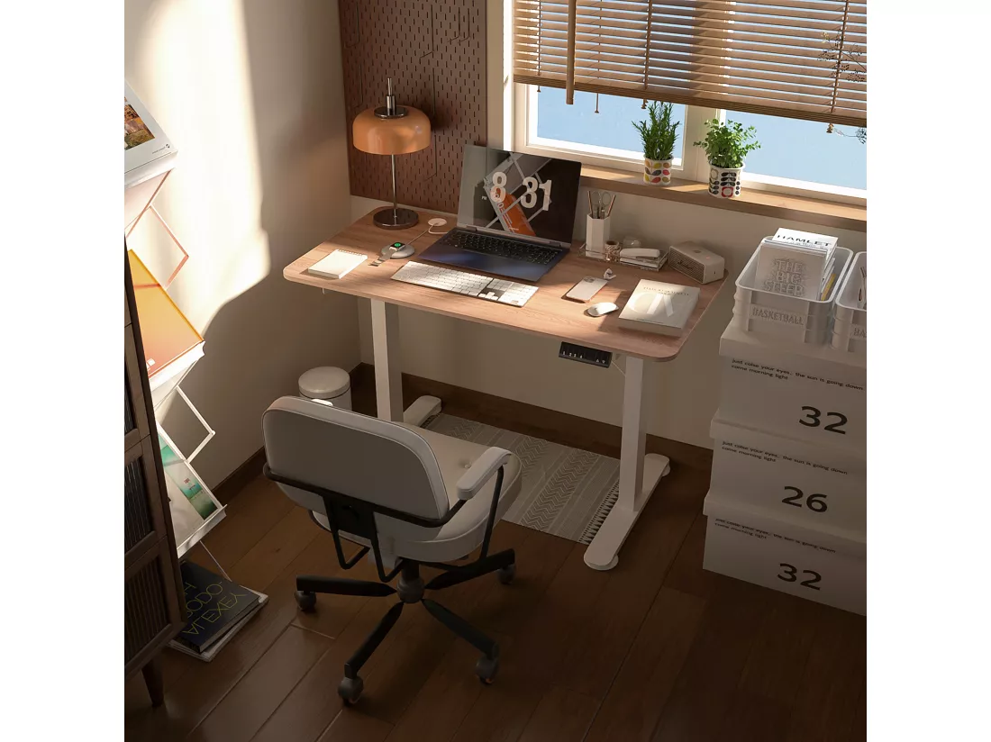 Bureau assis debout électrique - bureau réglable en hauteur - bureau électrique réglable - acier noir aspect bois chêne clair