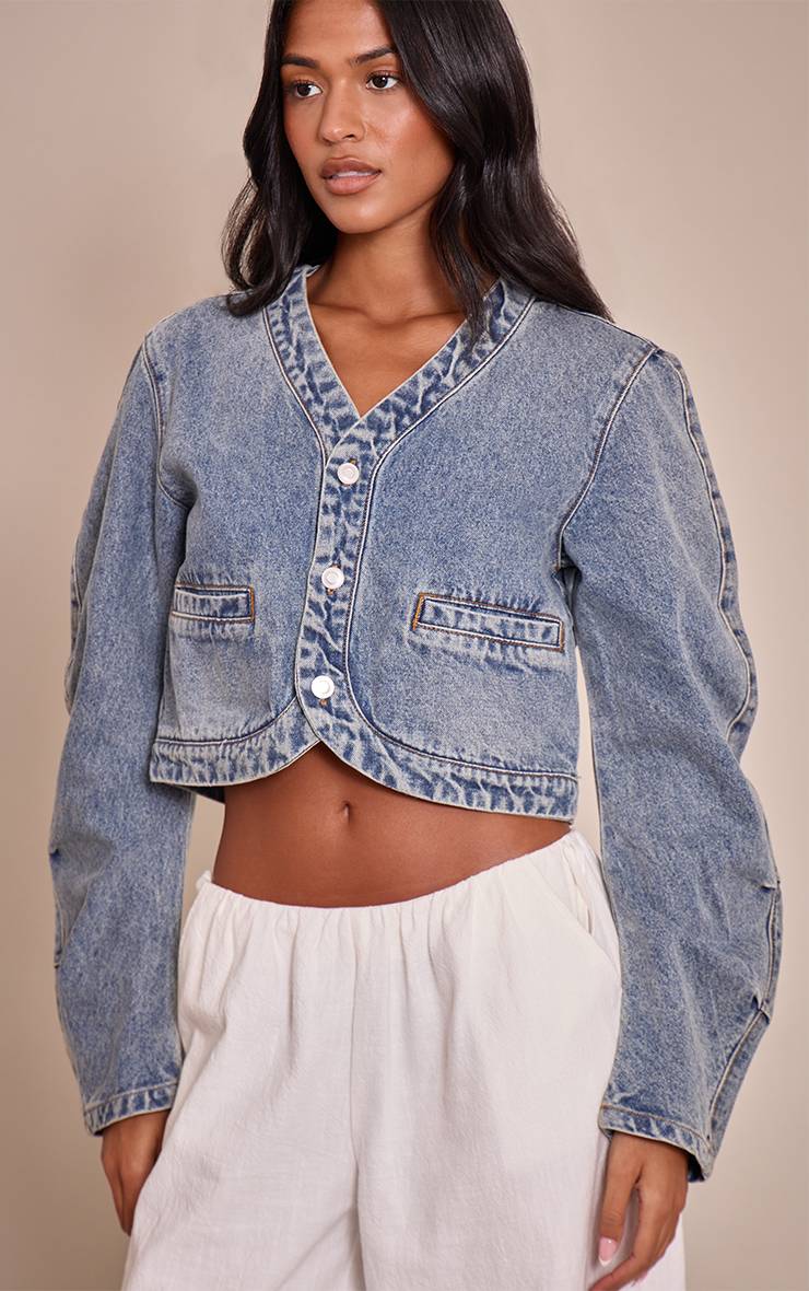 Délavage Vintage Veste En Jean Courte Grande Taille Col En V Ourlet Courbé Style Vintage