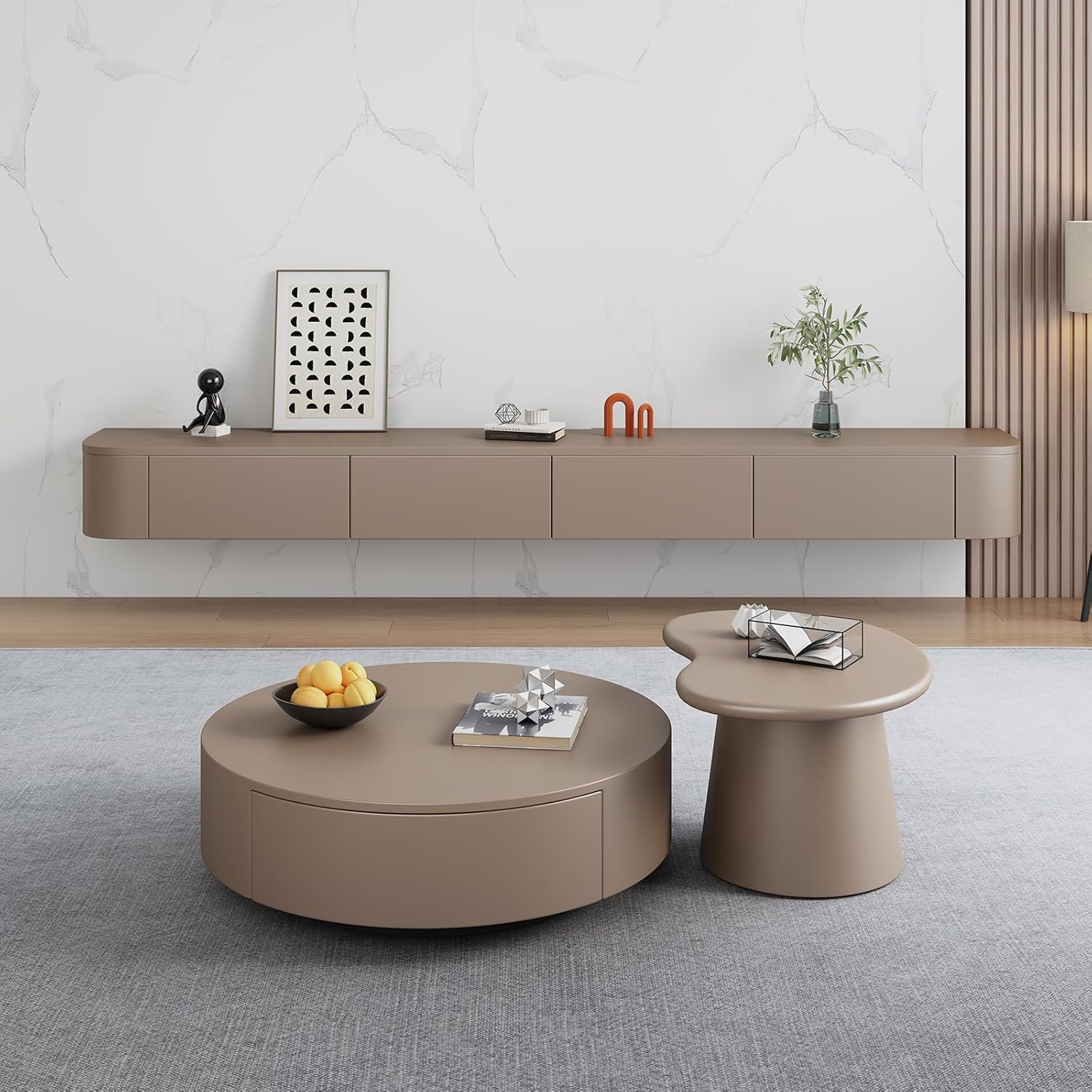 Schwebender TV-Ständer mit Türen, große Aufbewahrungs-TV-Regale und Konsole, wandmontierter TV-Schrank unter dem Fernseher (Khaki, 120CM/47,2