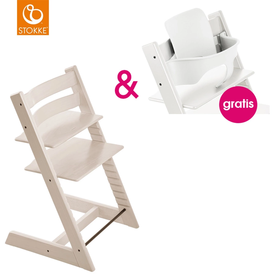 STOKKE® Tripp Trapp® Hochstuhl Buche Whitewash + gratis Baby Set weiß