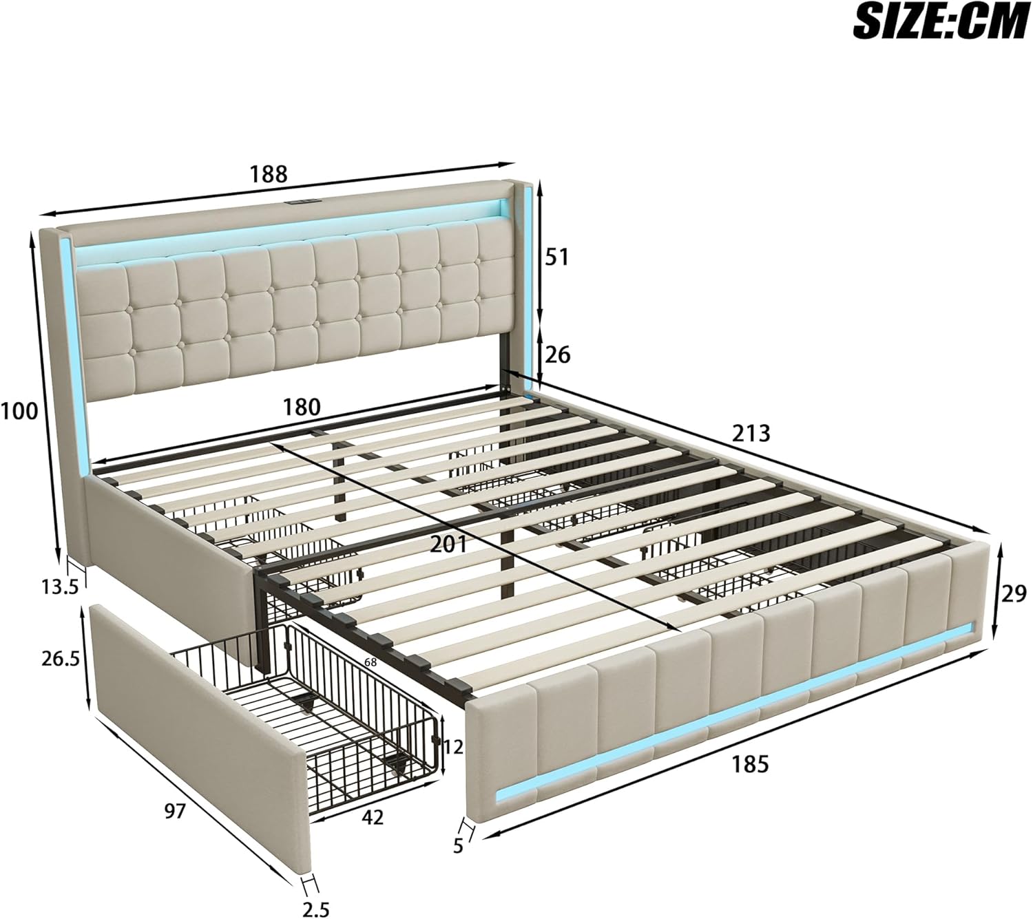 Polsterbett 180x200 cm mit LED-Kopfteil, USB-Ladefunktion und Lattenrost, 4 praktischen Schubladen und stilvollem Design, Ideal für Jugendzimmer und Moderne Räume,Ohne Matratze