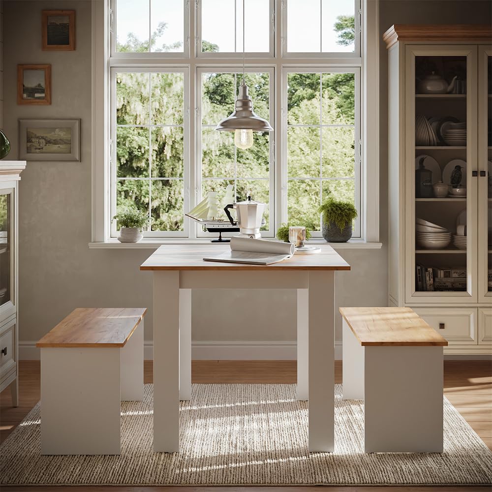 Vicco Esstisch Set Sentio, Weiß/Goldkraft Eiche, 80 x 80 cm mit 2 Bänken