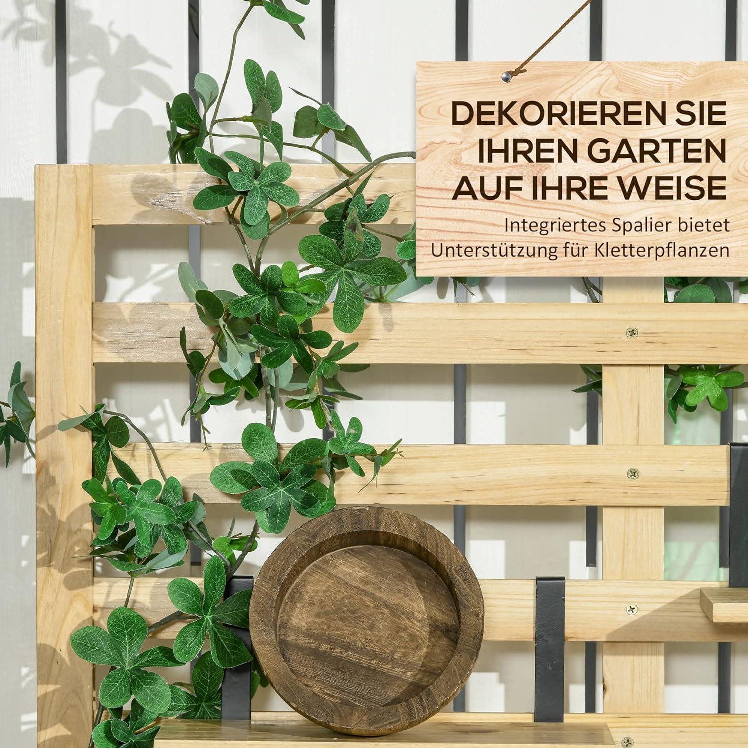 Outsunny Aufbewahrungsbox, Aufbewahrungstruhe mit Rankhilfe, Auflagenbox mit Ablagen, Gartentruhe, Kissenbox, Massivholz, Natur, 80 x 45 x 160 cm