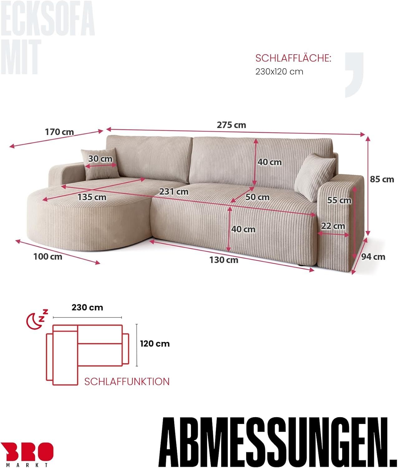 BROMARKT Ecksofa mit Schlaffunktion und Bettkasten Cordstoff Sofa Dreisitzer Schlafsofa Eckcouch Relaxsofa für Wohnzimmer Wohnlandschaft L-Form Bisk 275x170x85cm Grau