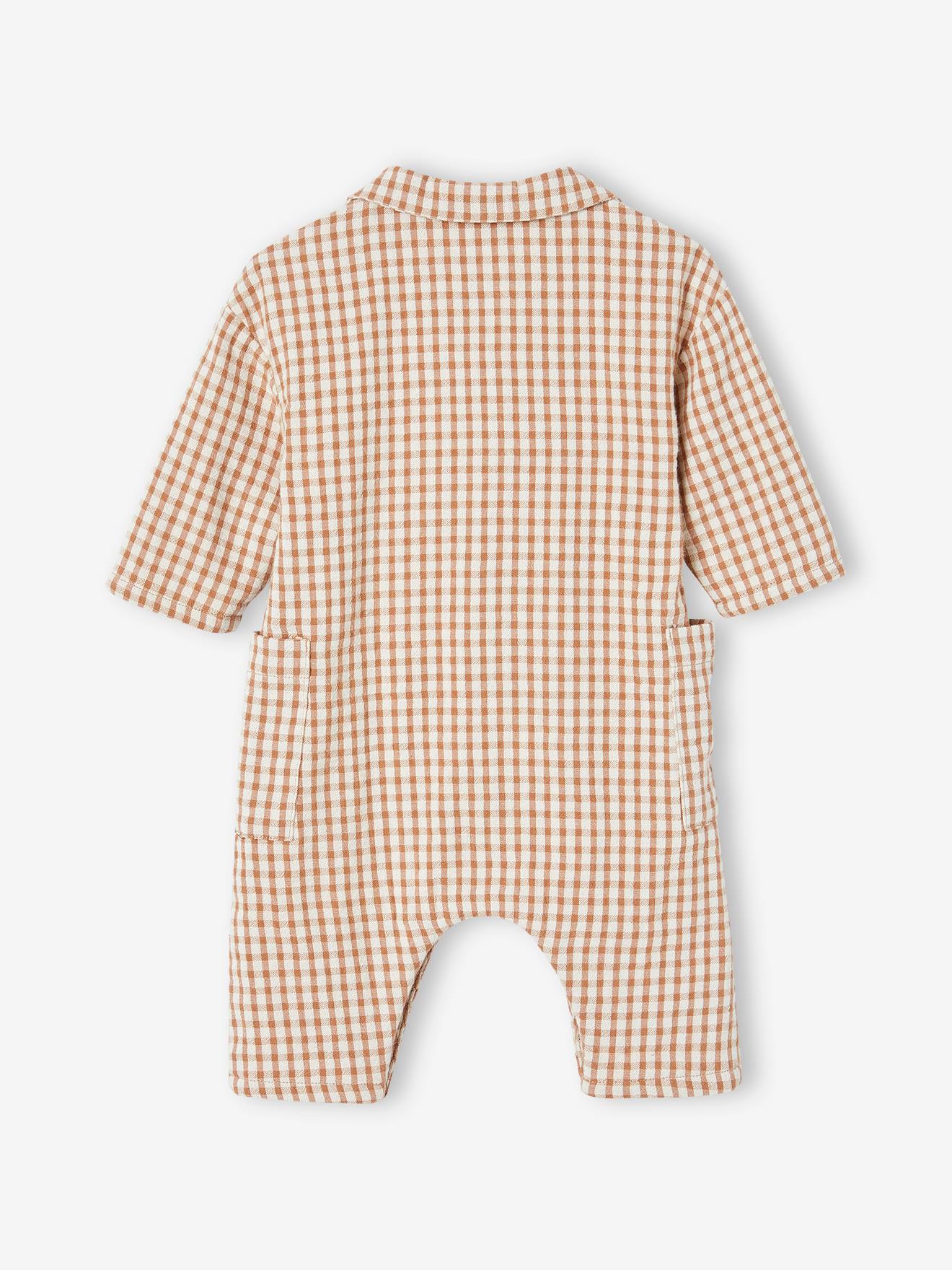 Macacão de chiffon de algodão com forro para bebê, xadrez marrom.