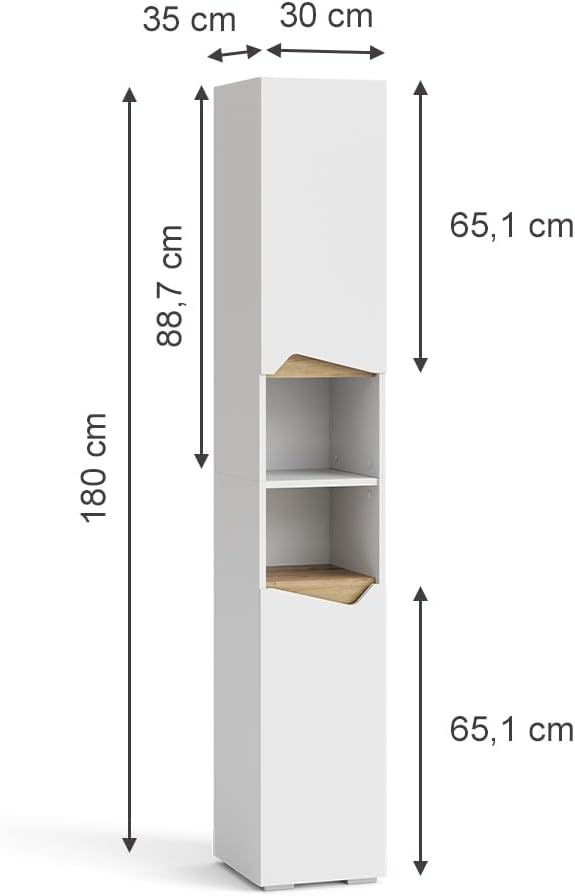Vicco Badschrank Weiß Marelle 30x180x35 cm - Wäscheschrank, Grifflose Fronten für eine Moderne Optik