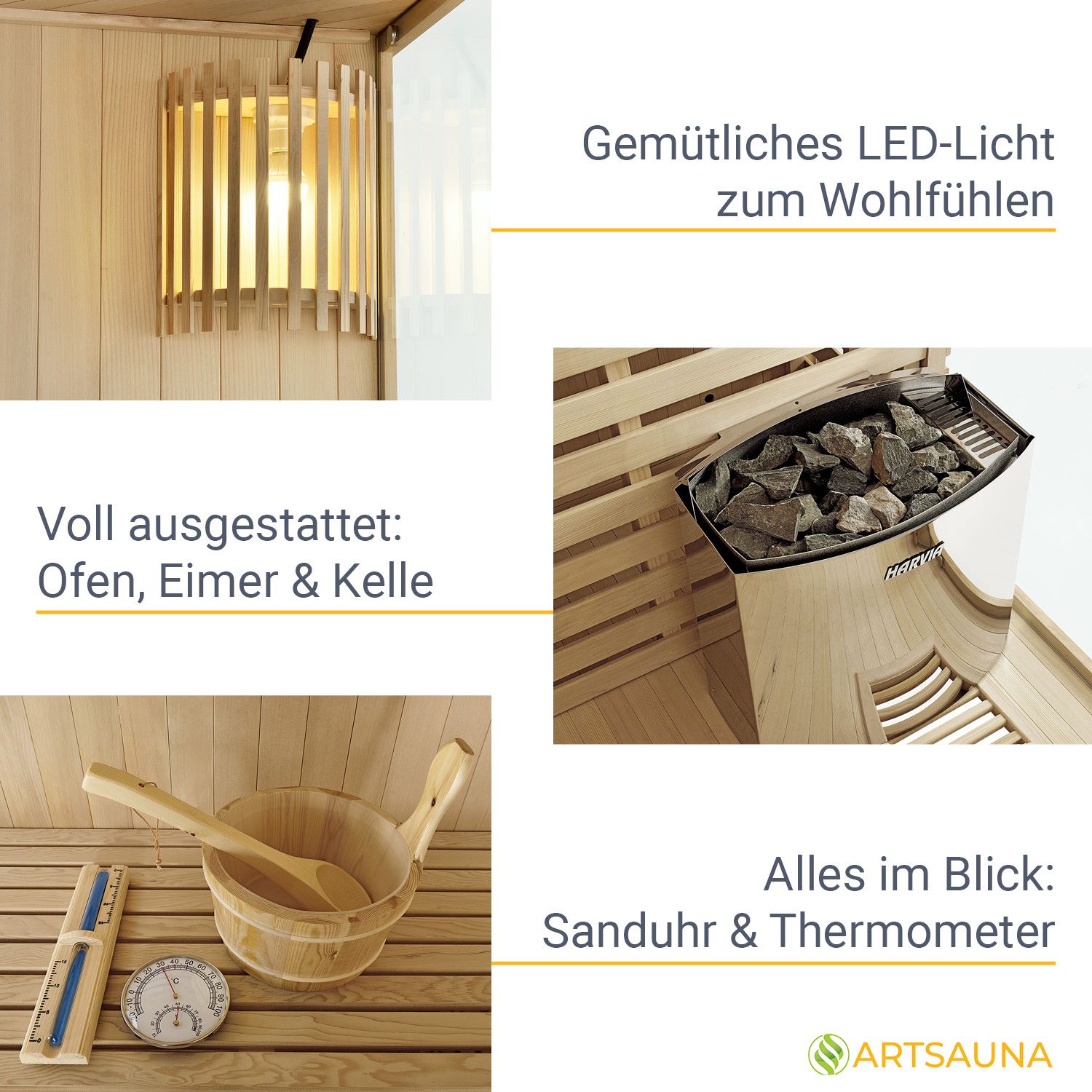 Artsauna Saunakabine Espoo200 Premiummit Harvia Ofen – 5 Personen – Hemlock Holz & Glasfront