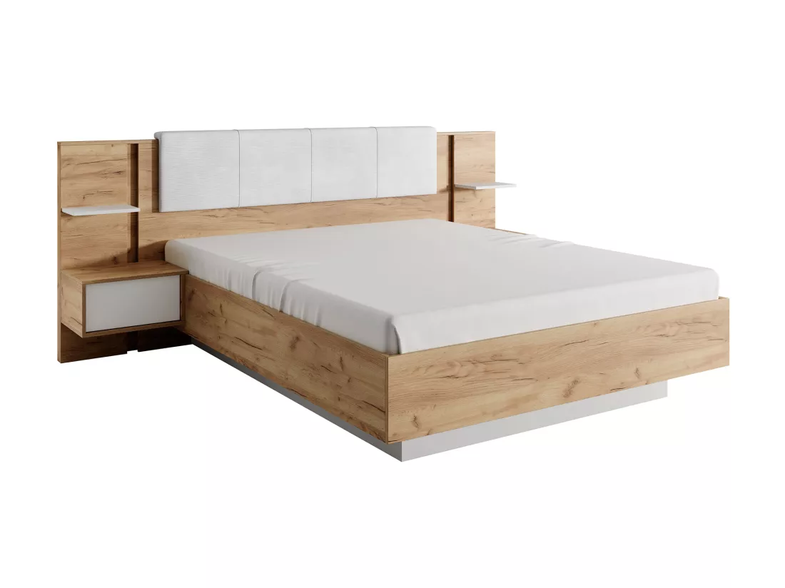 Lit coffre avec chevets 160 x 200 cm - Avec LEDs - Coloris : Naturel et blanc - ELYNIA