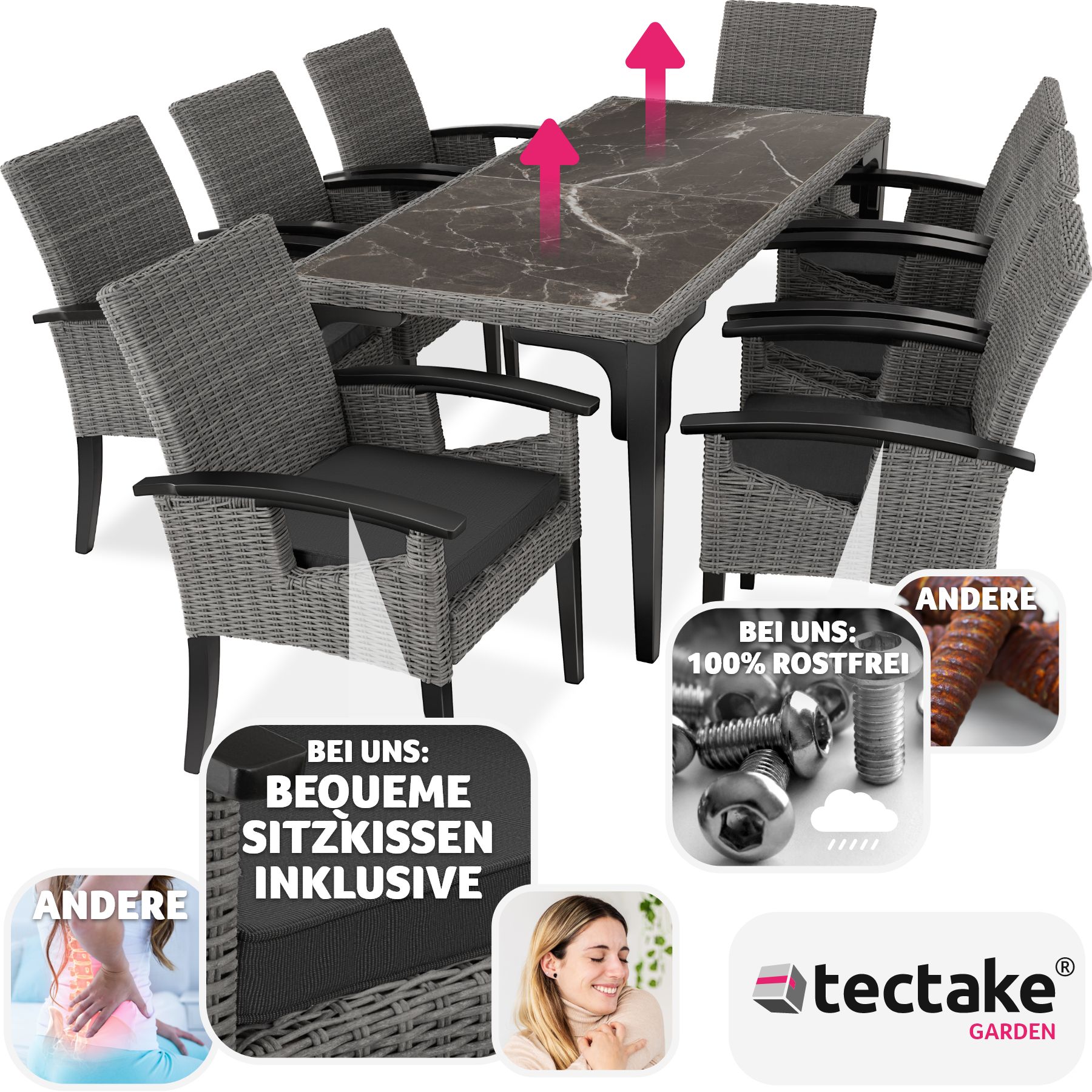 tectake® Rattan Tisch Foggia mit 8 Stühlen Rosarno, mit stabilen Holzgestellen, wetterfest und UV-beständig, Armlehnen und Beine aus Holz