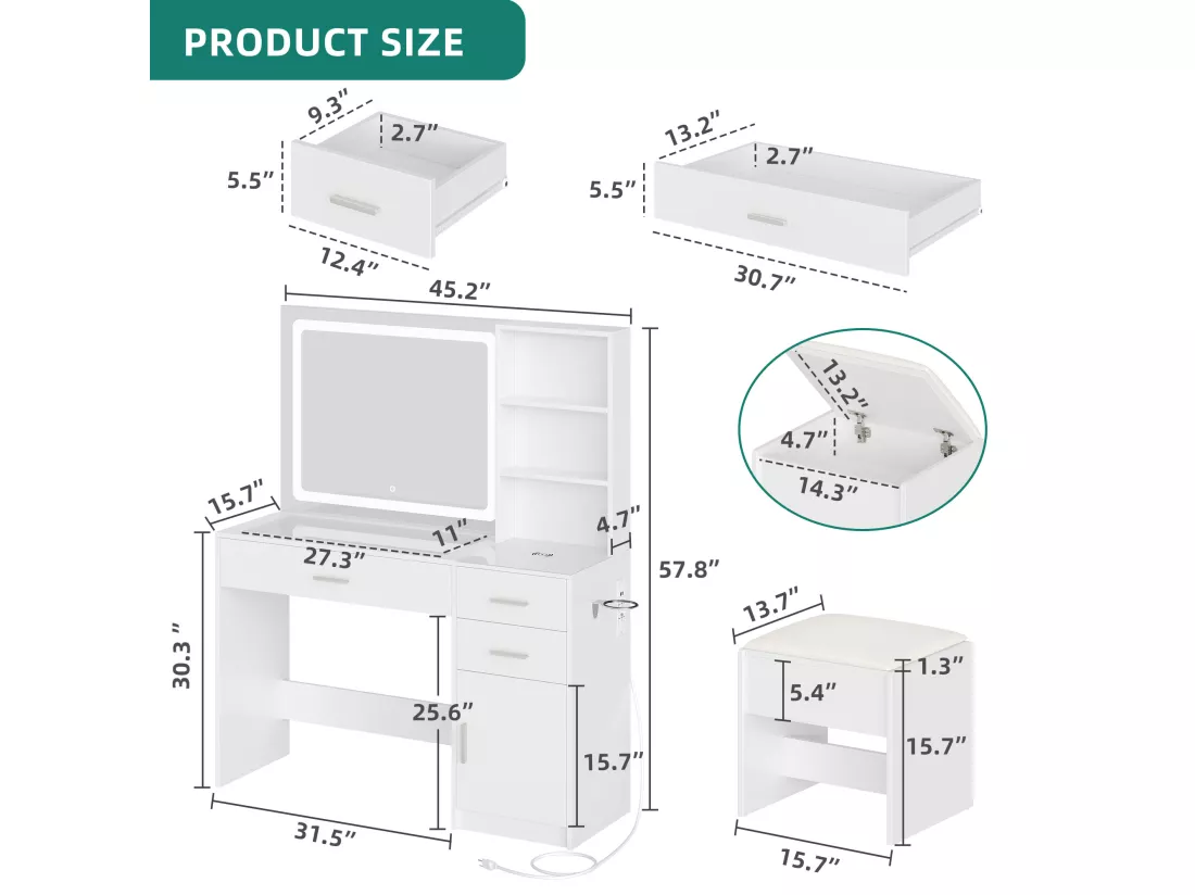 YITAHOME Coiffeuse avec Miroir LED à Luminosité Réglable - Table de Maquillage avec 3 Tiroirs et 2 Étagères de Rangement - Blanche