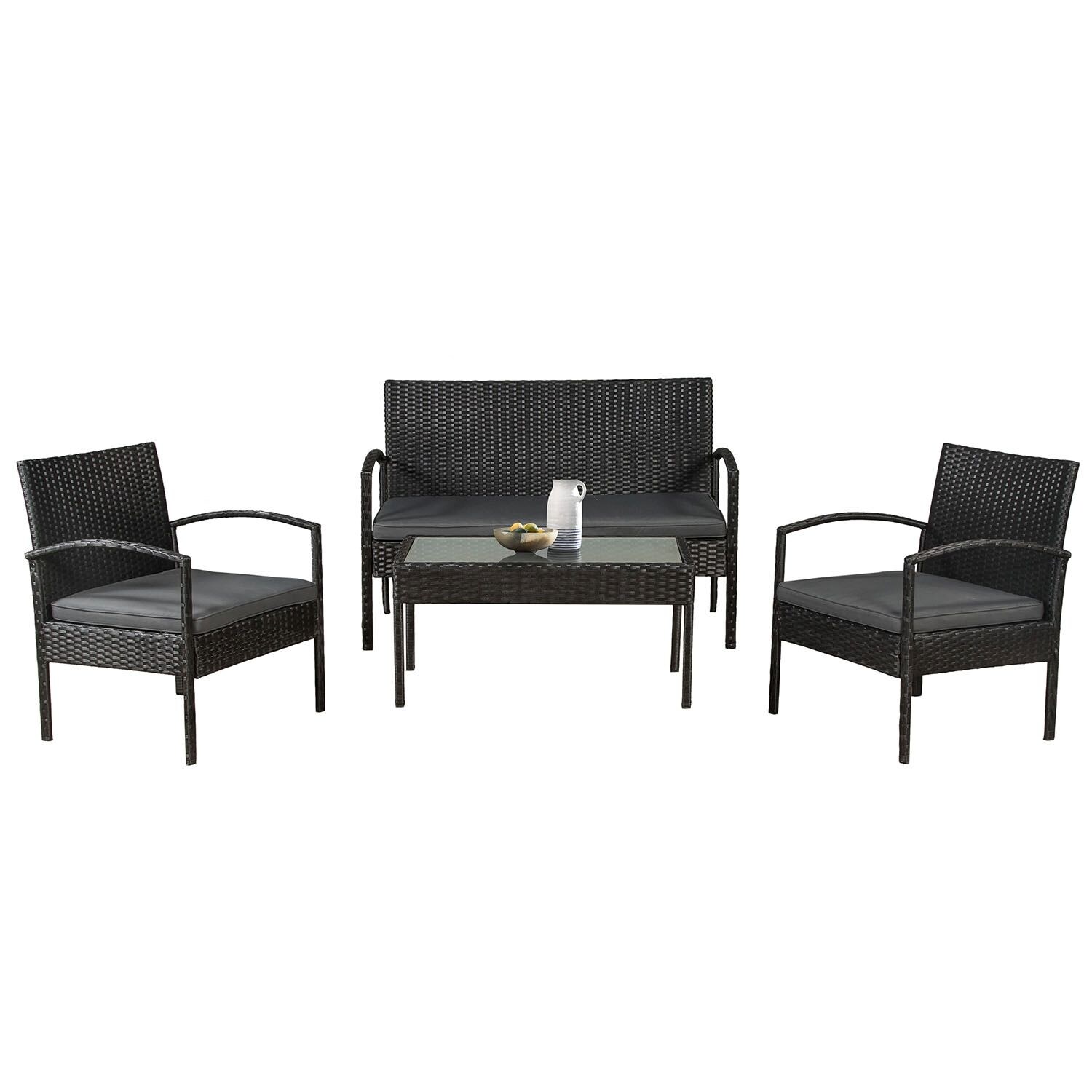 Juskys Polyrattan Balkonmöbel Trinidad schwarz, 4 Personen - Tisch, Bank, 2 Stühle, graue Auflagen