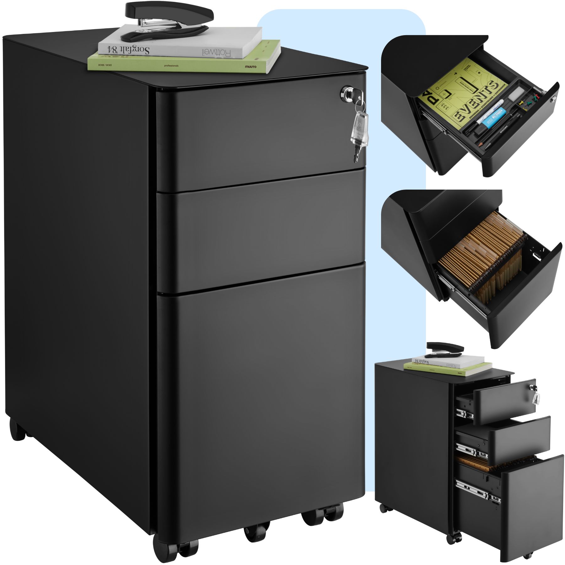 tectake® Aktenrollschrank, aus pulverbeschichtetem Stahl, herausnehmbarer Einsatz für Schreibutensilien, 30 x 50 x 59,5 cm