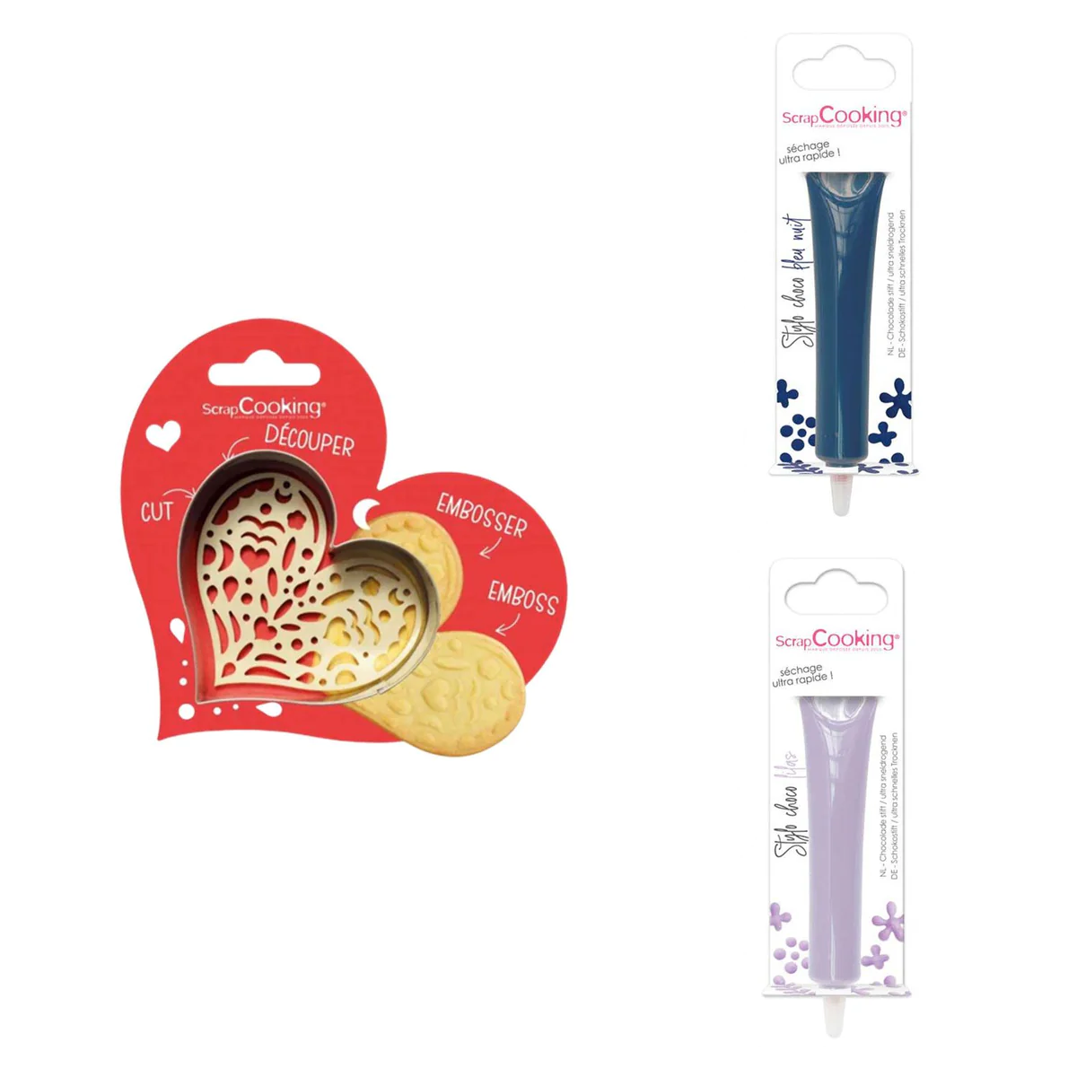 Kit pour biscuit en relief Coeur + 2 Stylos au chocolat bleu nuit et l