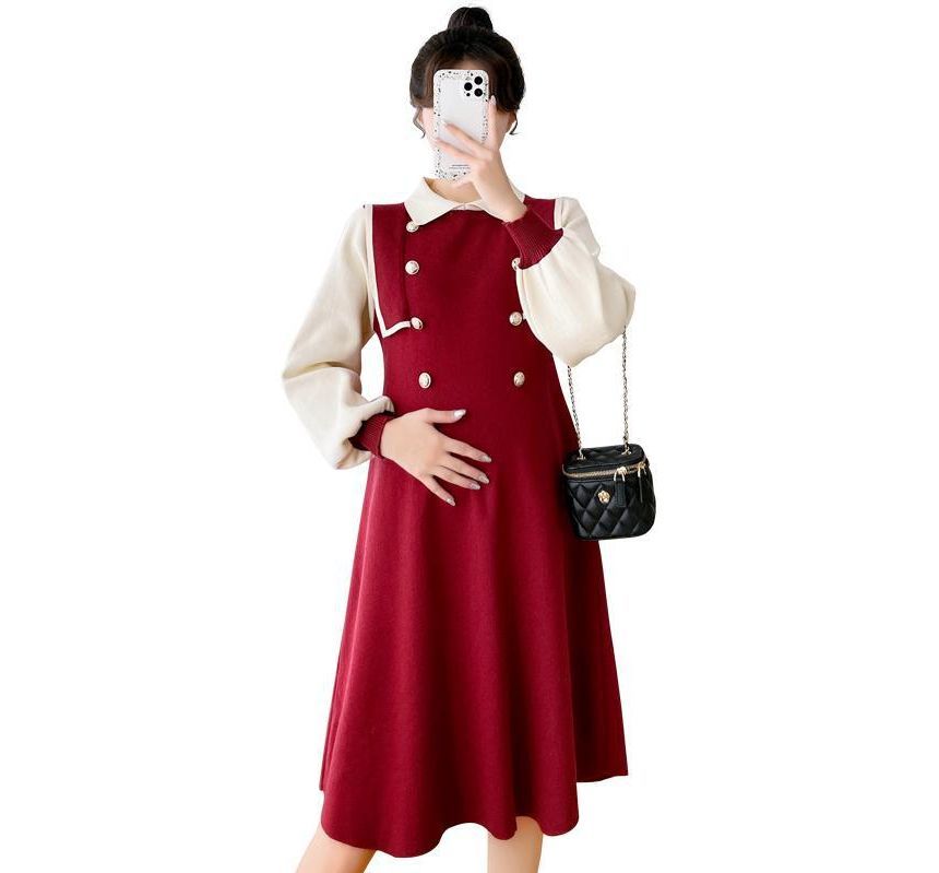 Levsayte - Zwangerschapskleding met hoge taille, effen cropped leggings / lange mouwen, kraag en tweekleurige truijurk / set