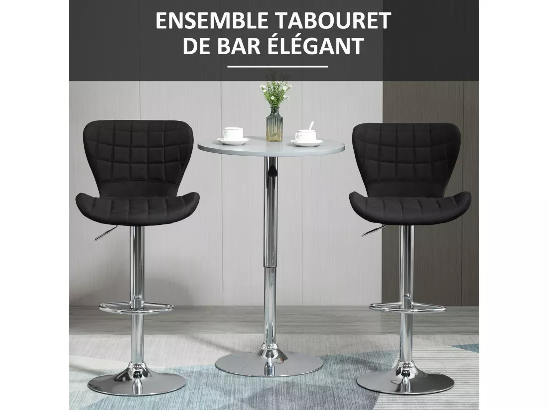 Lot de 2 tabourets de bar design contemporain hauteur d'assise réglable 59-81 cm pivotant 360° lin noir