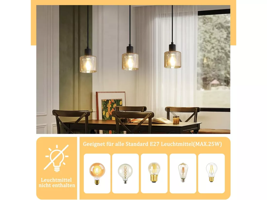 NETTLIFE Suspension table à manger lampe suspendue vintage 3 ampoules suspendues E27 métal noir rétro industriel