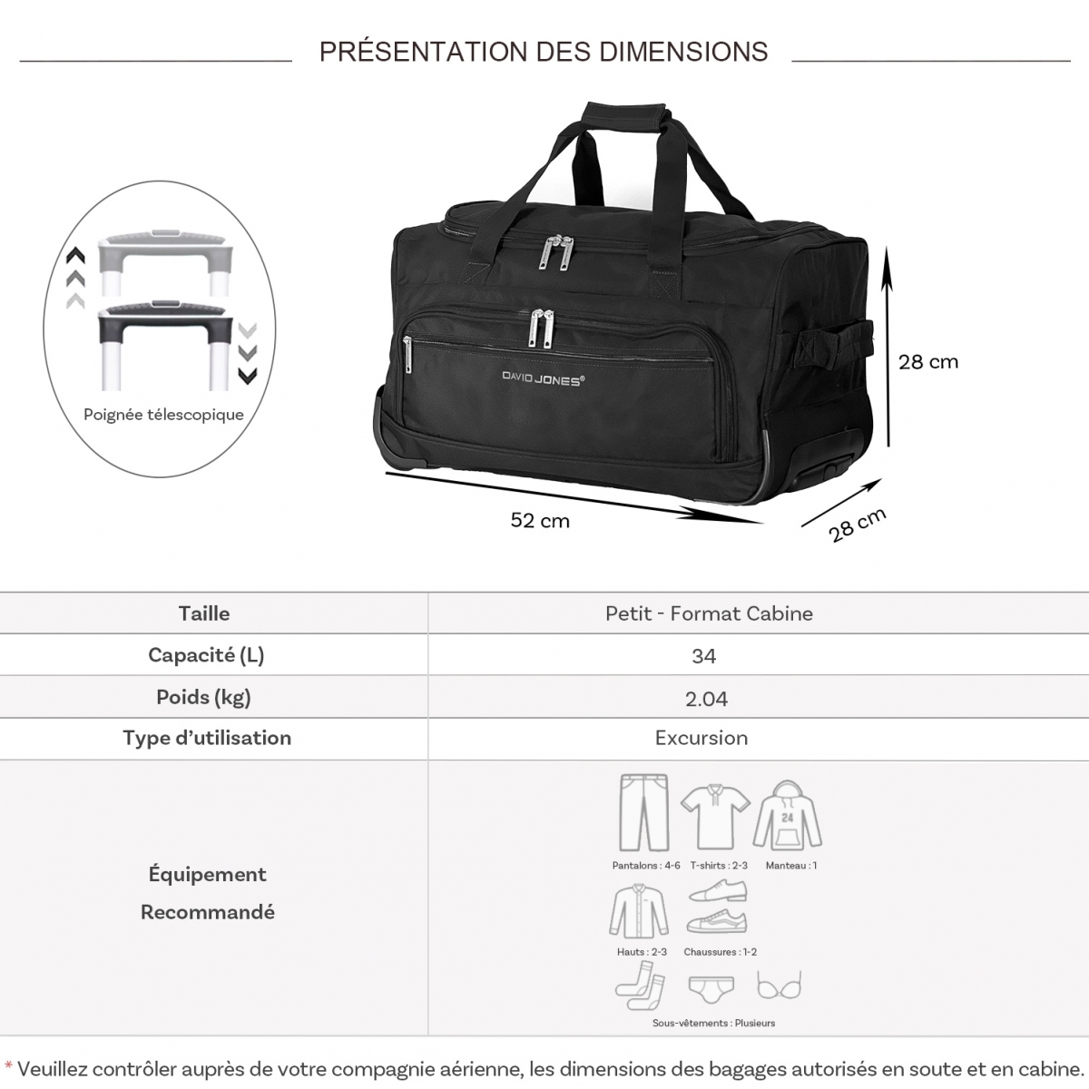 David Jones Sac de voyage cabine avec roulettes 34L David Jones polyester taille S 52cm