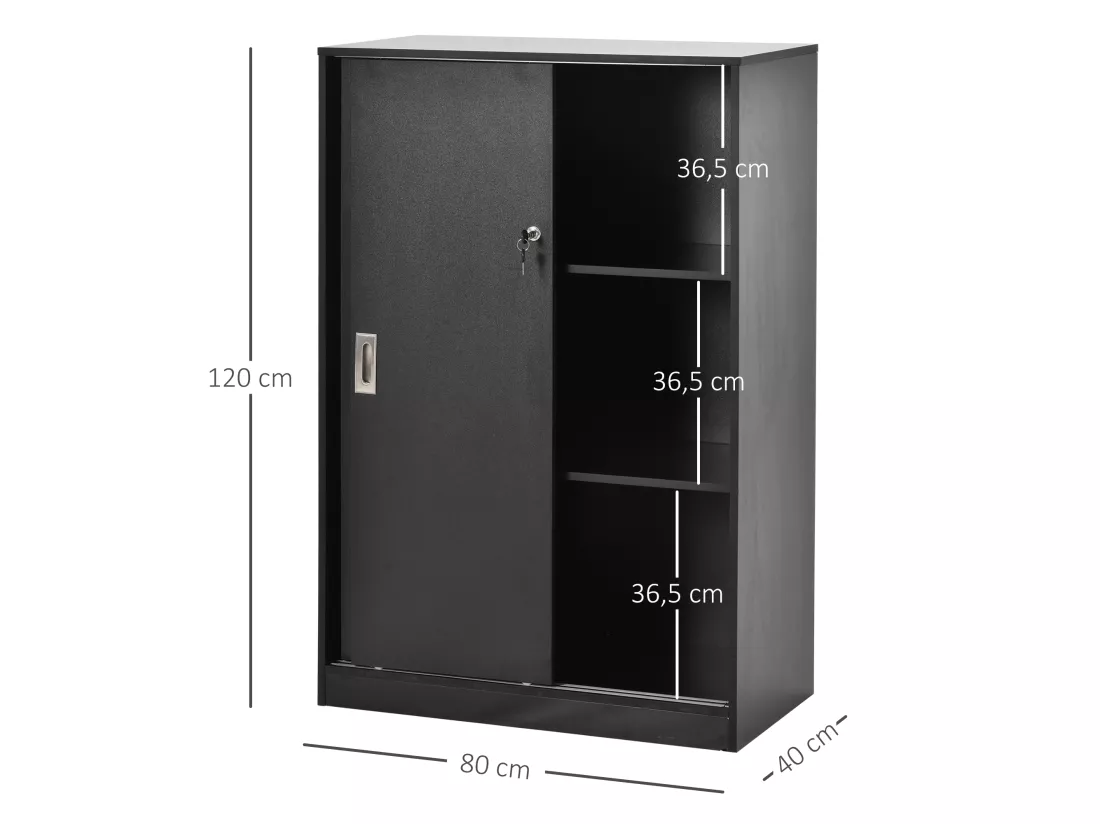 Armoire de bureau 2 portes coulissantes verrouillables dim. 80L x 40l x 120H cm 2 étagères panneaux particules noir