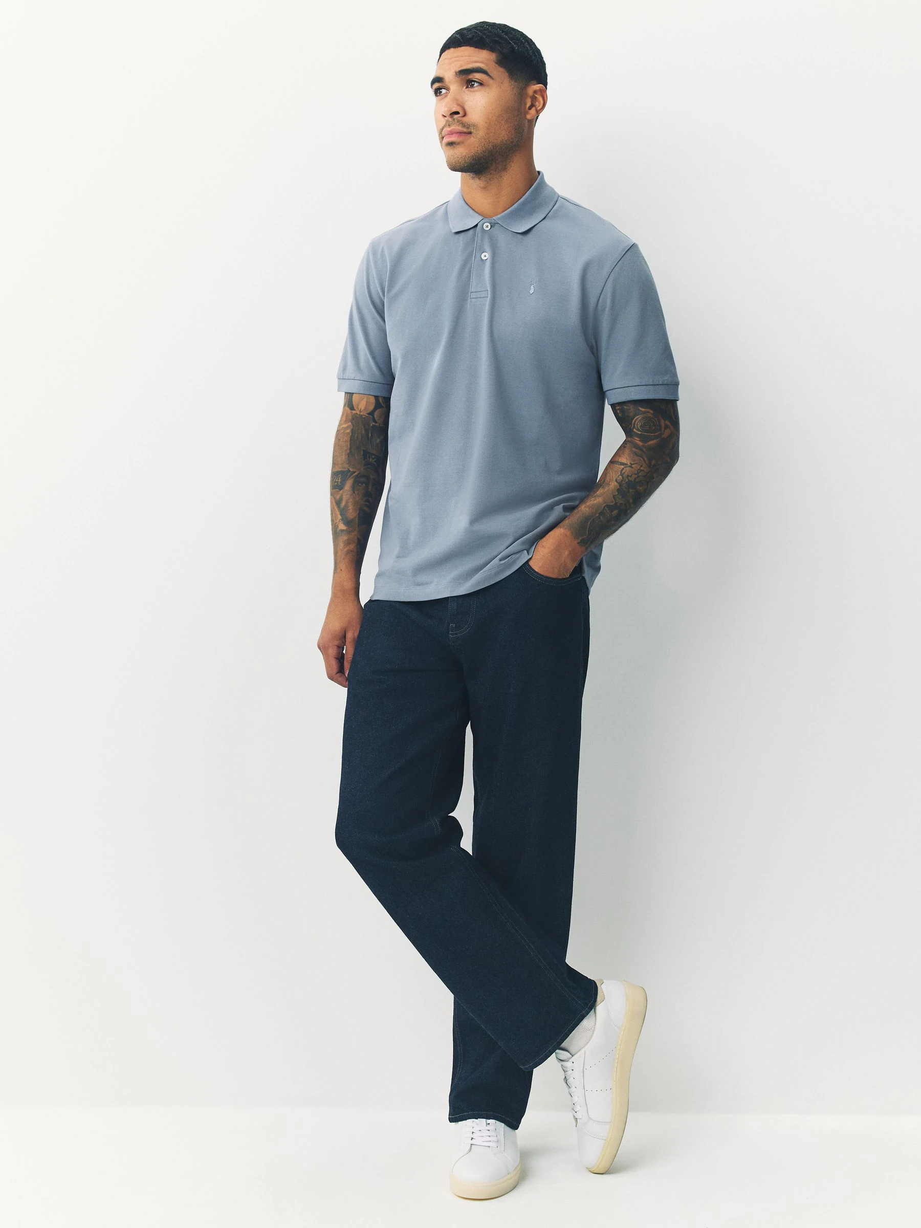 Staalblauw - Normale Pasvorm - Long-Sleeve Pique Polo Shirt