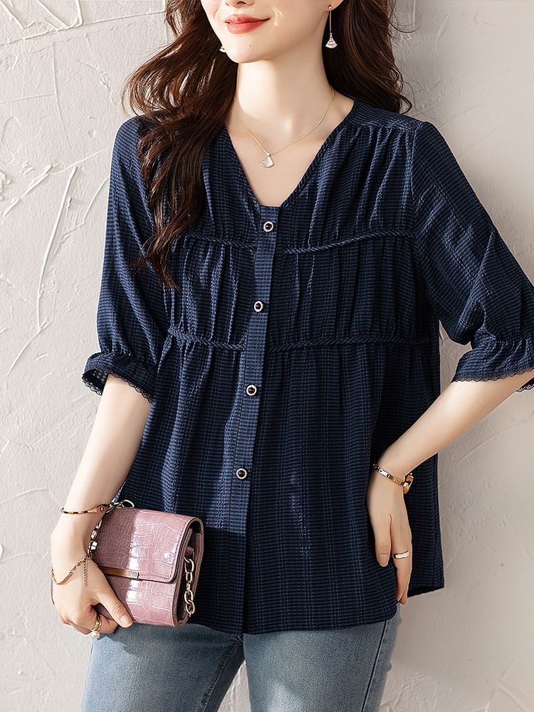 Jeonseon - Blouse met 3/4-mouwen, V-hals, gestreepte kanten rand en gerimpelde knoopjes