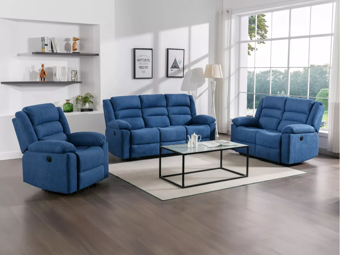 Canapé 3 places, 2 places et fauteuil relax électrique en tissu bleu BUROLO
