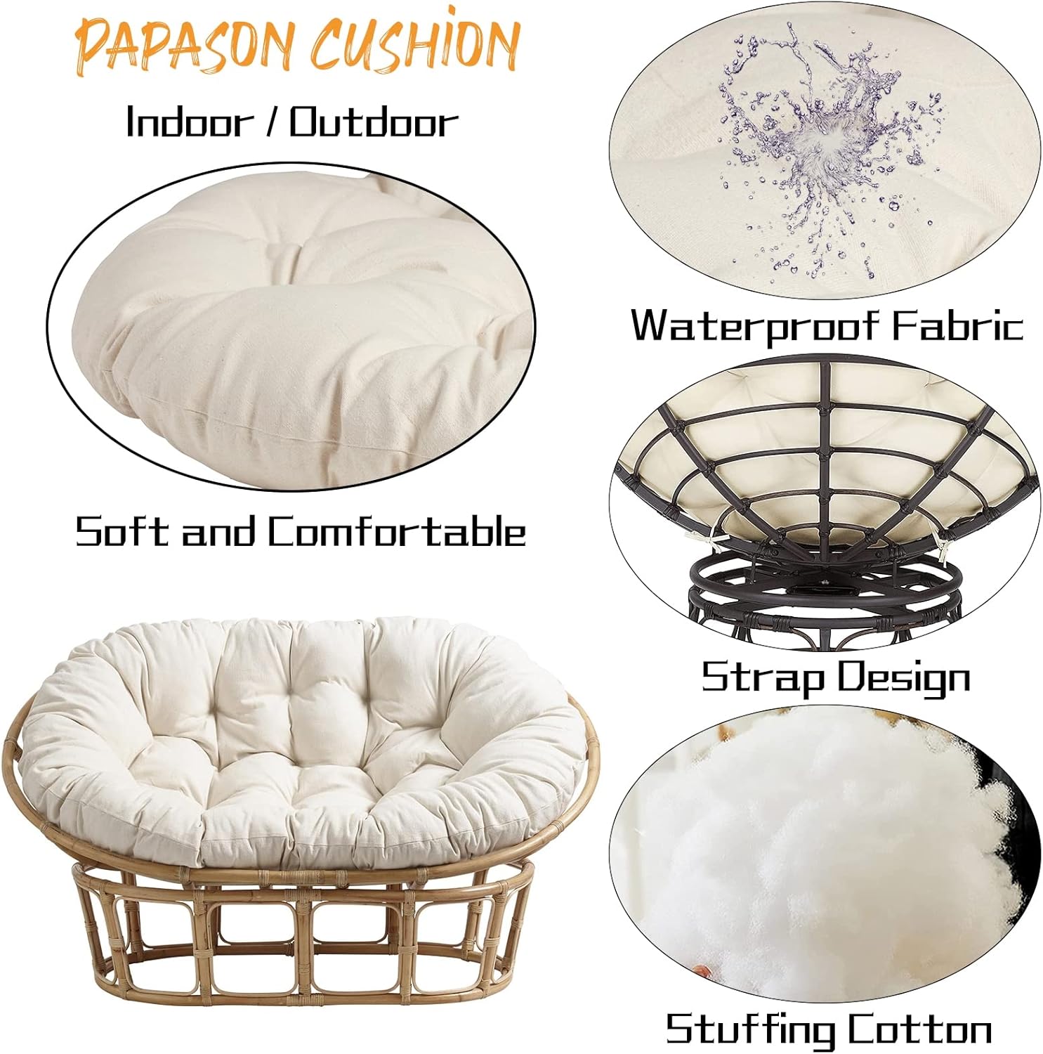 Großes Doppel Papasan Sitzkissen Outdoor Wasserdicht Papasan Chair Cushion Hängend/Ei/Schaukel/Hängematte Stuhlkissen Verdicken Komfortable Weiche Garten Stuhlauflage,Weiß,65 * 45 in