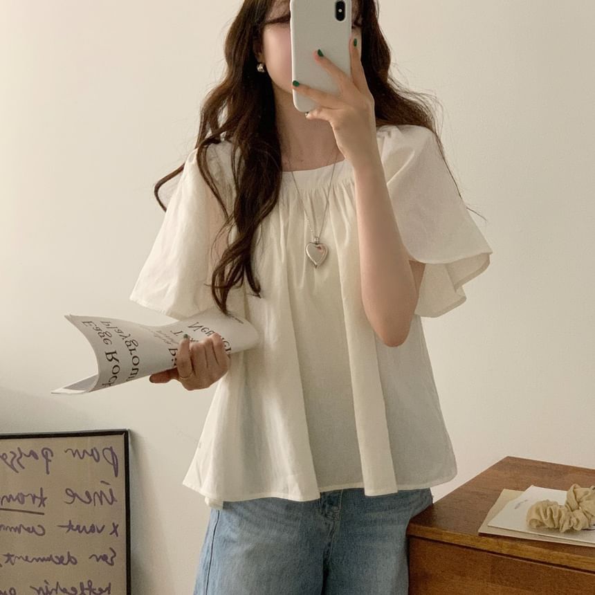 Arroba - Blouse met korte mouwen en vierkante hals, effen en geplooid