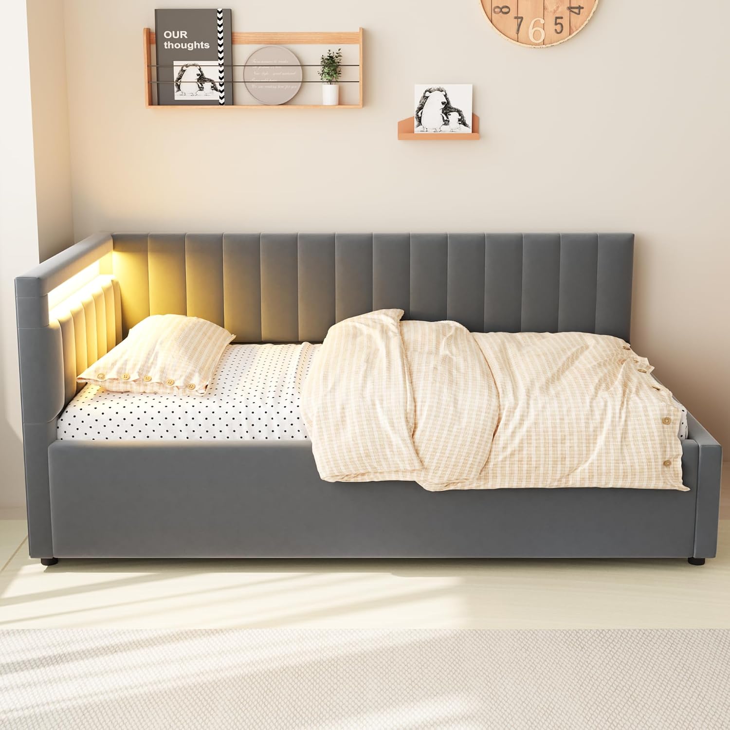 ANIROY Kinderbett Polsterbett 90 x 200 cm, Schlafsofa Einzelbett mit LED und Hydraulischem Stauraum, Daybett Tagesbett Sofabett mit Abnehmbarer Rückenlehne und Lattenrost, ohne Matratze (Dunkelgrau)