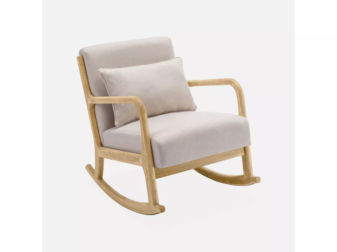 Fauteuil à bascule design en bois et tissu. 1 place. rocking chair scandinave. beige