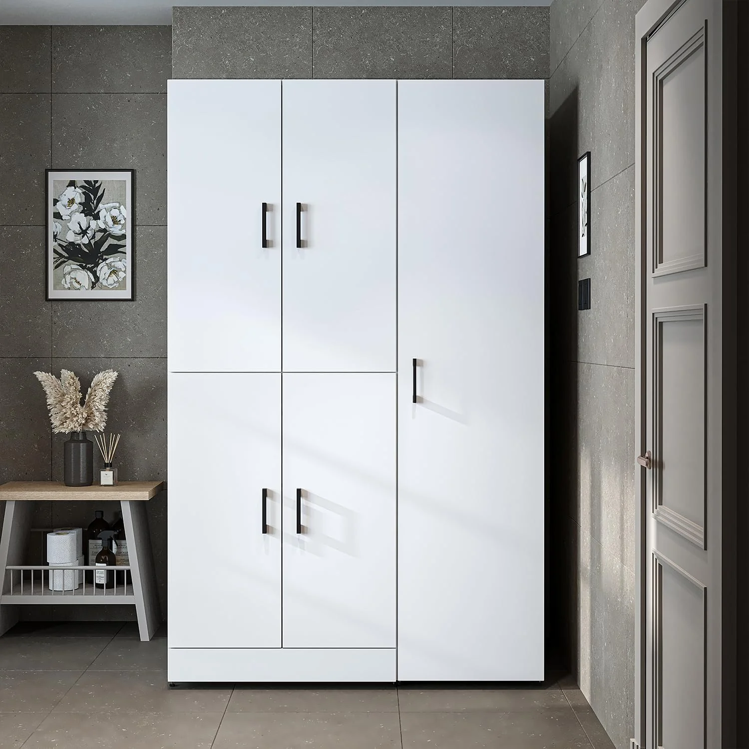 ROOMART Dora - Armoire de machine à laver - Pour sèche-linge et machine à laver - En 4 couleurs - Avec portes et panneau coulissant - Blanc - Chêne blanc - Chêne anthracite - Chêne blanc (chêne blanc)