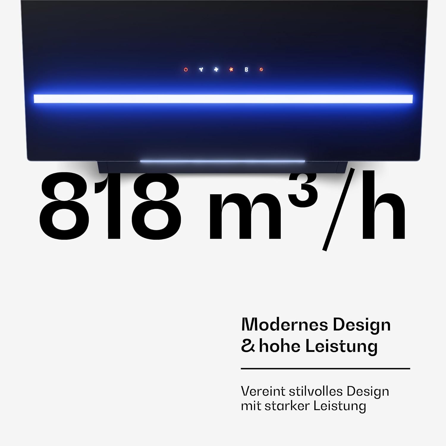 Klarstein Illuminosa Abzugshaube 60 cm - Kopffreihaube, 818 m³/h Boost, Touchpanel, LED-Beleuchtung, A++ Energieeffizienz, Umluft & Abluft, leise, Aluminium- & Kohlefilter