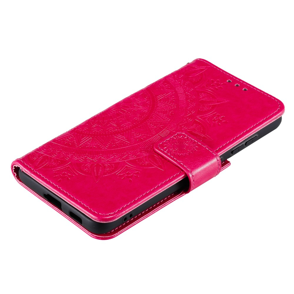 Samsung Galaxy S21 FE 5G Leder Tasche Wallet - Mandala Flowers Imprint - Rot / Pink