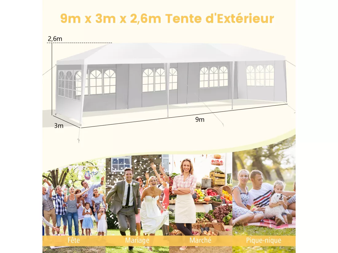 Tonnelle de Jardin Extérieur/Barnum 3x9m-27㎡ Tente de Réception avec 5 Parois Amovibles Piquets de Terre et Fenêtre sur Côté