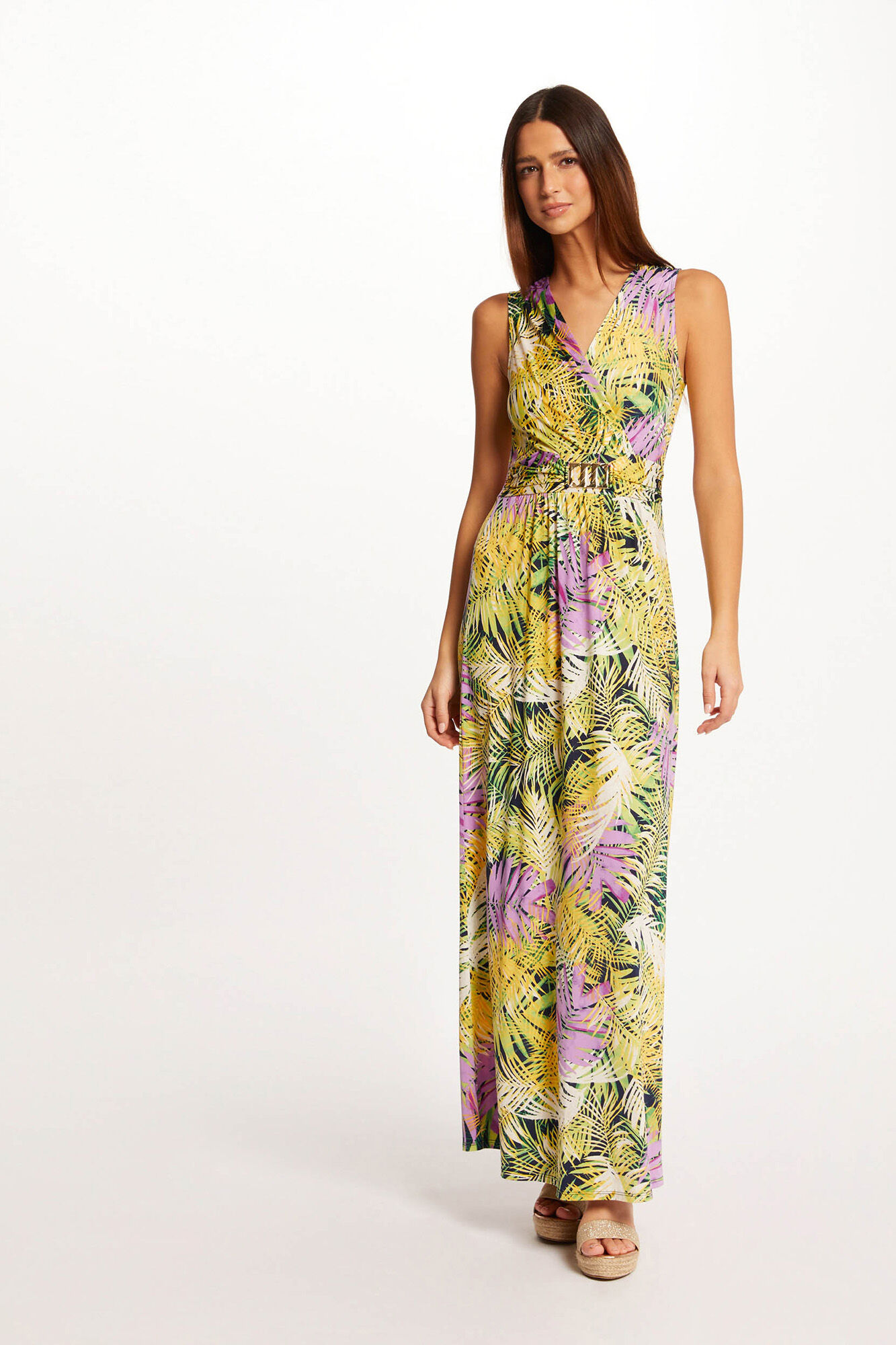 Vestido longo reto com estampa floral - Multicolorido