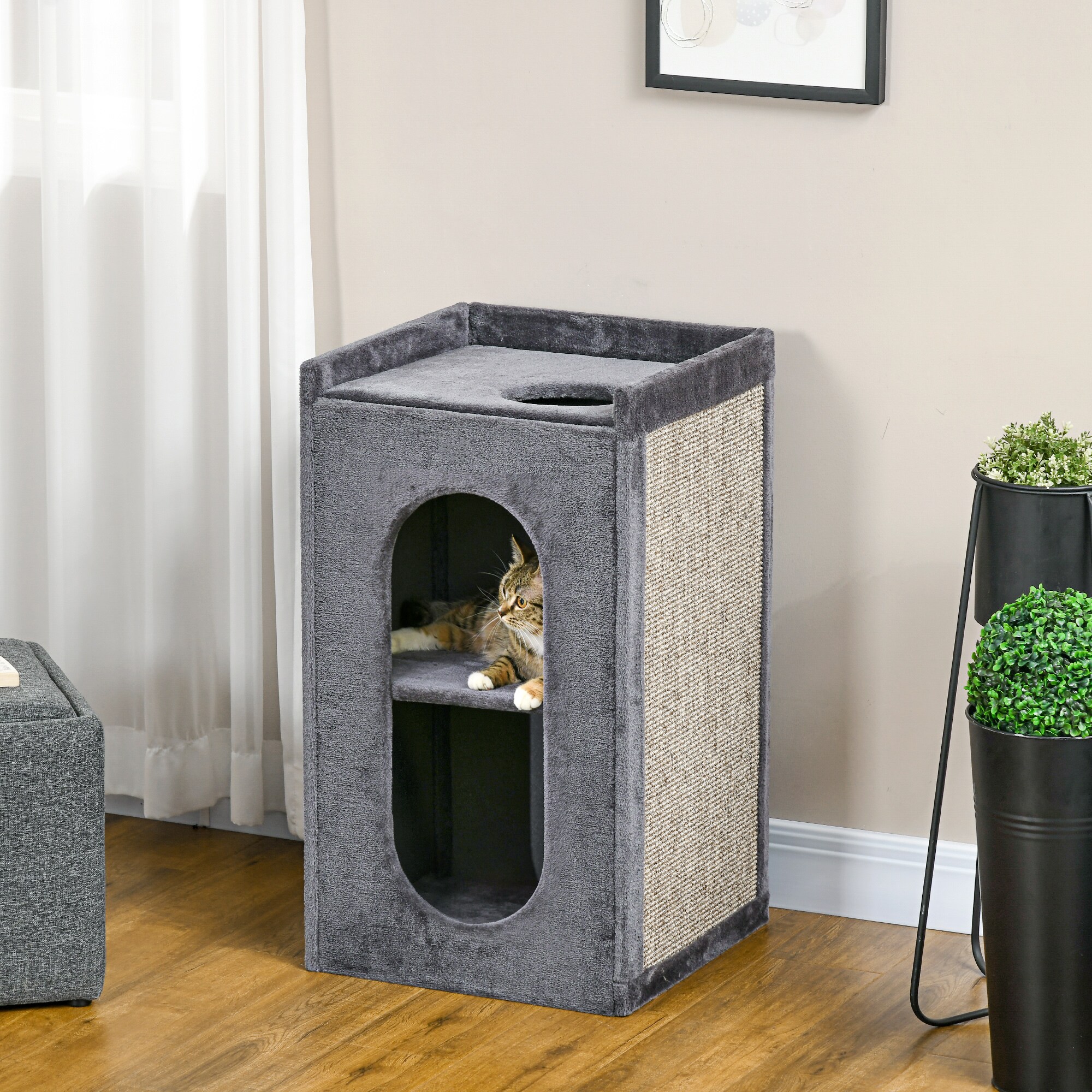 PawHut Kratztonne mit Kratzmatte grau 45L x 45B x 81H cm
