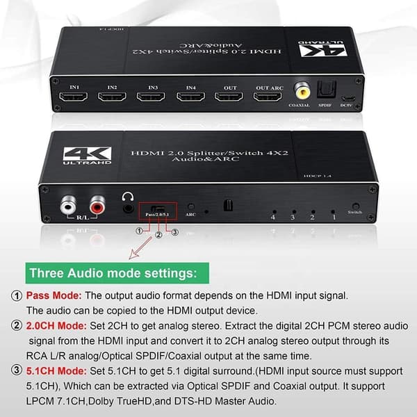 NÖRDIC HDMI Switch 4 til 2 med lydkontaktor og bue, 4kx2k i 60Hz, HDCP 2.2, 5.1 Surround, metall
