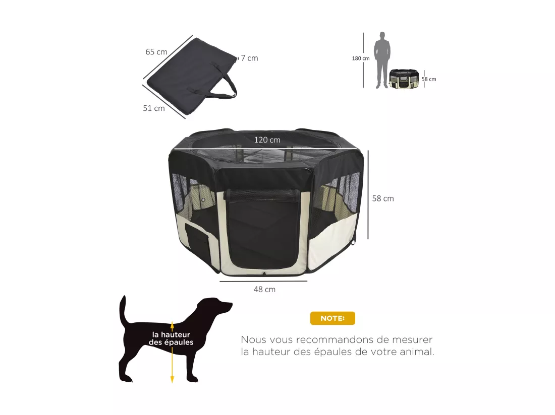 Parc enclos pliable chien chat - Ø 120 x 58H cm - acier tissu Oxford - crème noir