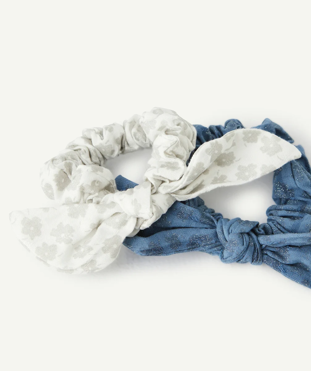 LOT DE 2 CHOUCHOUS FILLE BLANC ET BLEU IMPRIMÉS FLEURIS PAILLETÉS