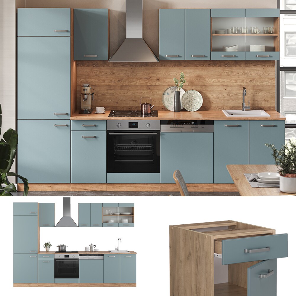 Vicco Küchenzeile R-Line Solid Eiche Blau Grau 300 cm modern Küchenschränke Küchenmöbel