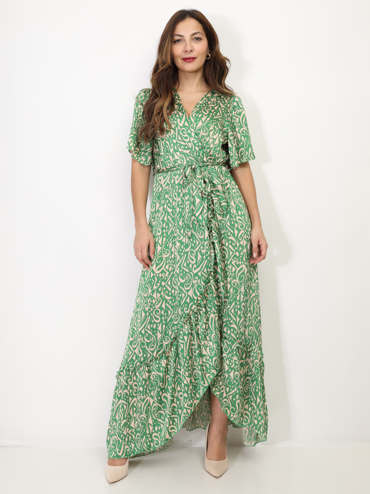 Robe longue cache-cœur à volants- Vert