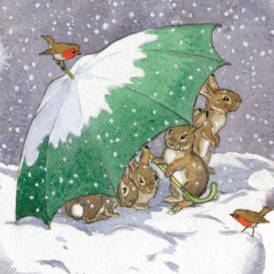 Rabbits Sheltering Under Umbrella Card
