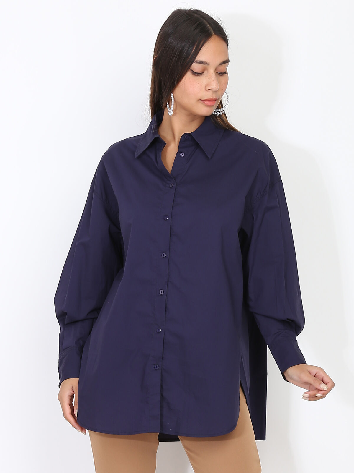 Chemise oversize à fentes- Bleu marine