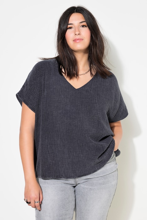 Blusenshirt, oversized, Musselin, V-Ausschnitt