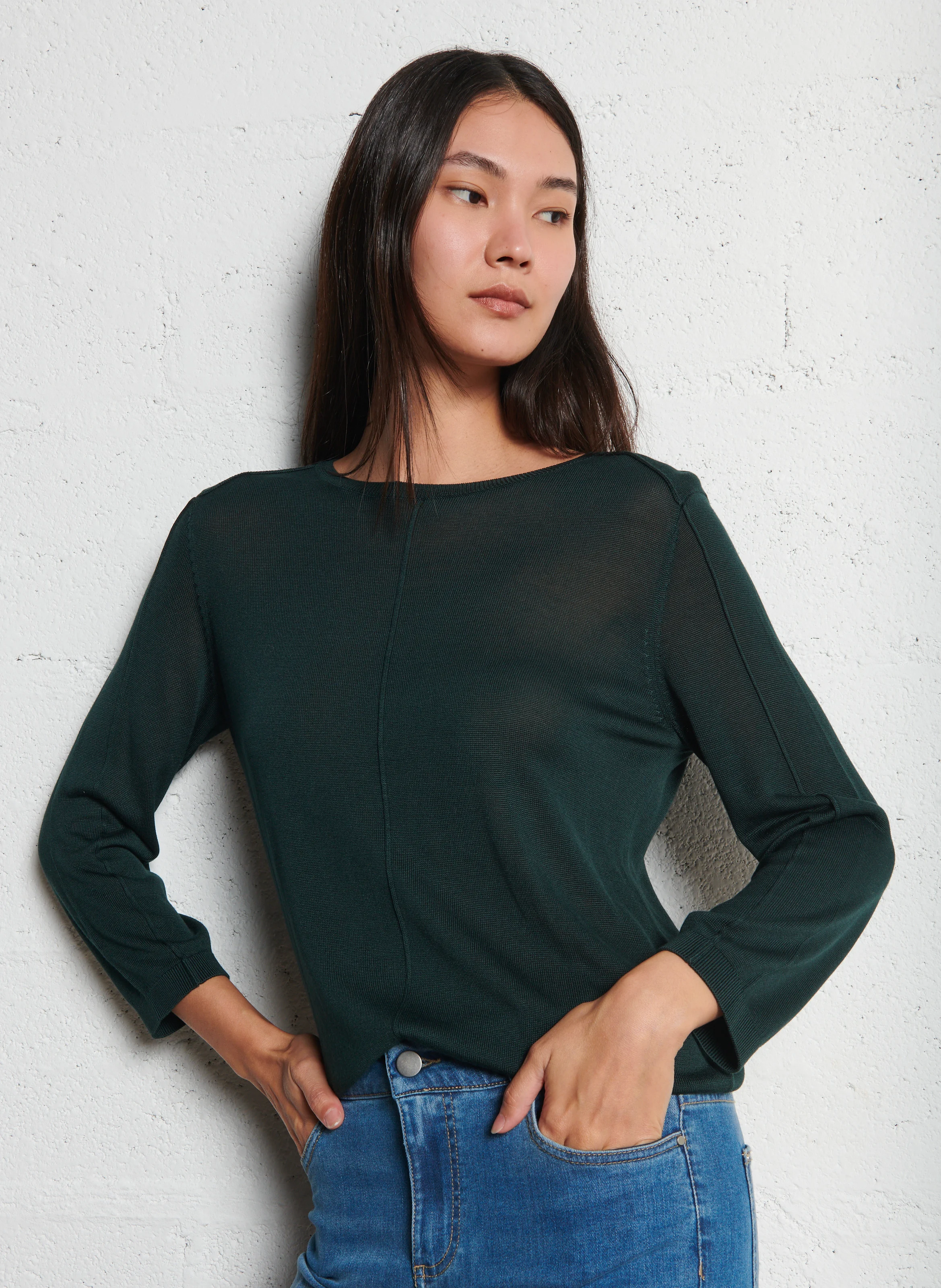 CARLY - Pull droit col rond en maille fine | Vert